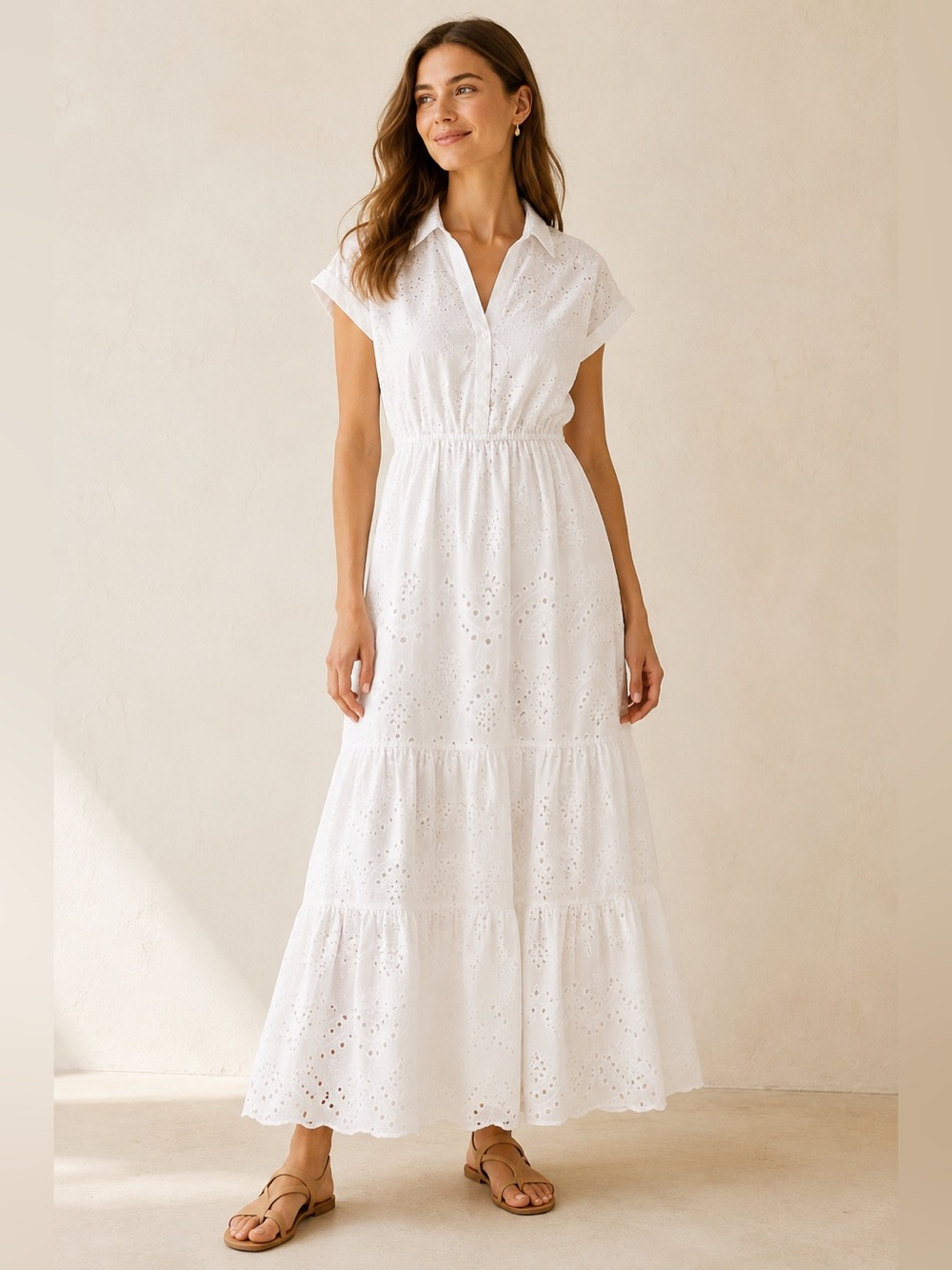 Sam Edelman White Eyelet Tiered Maxi Dress size S (4)embroidered